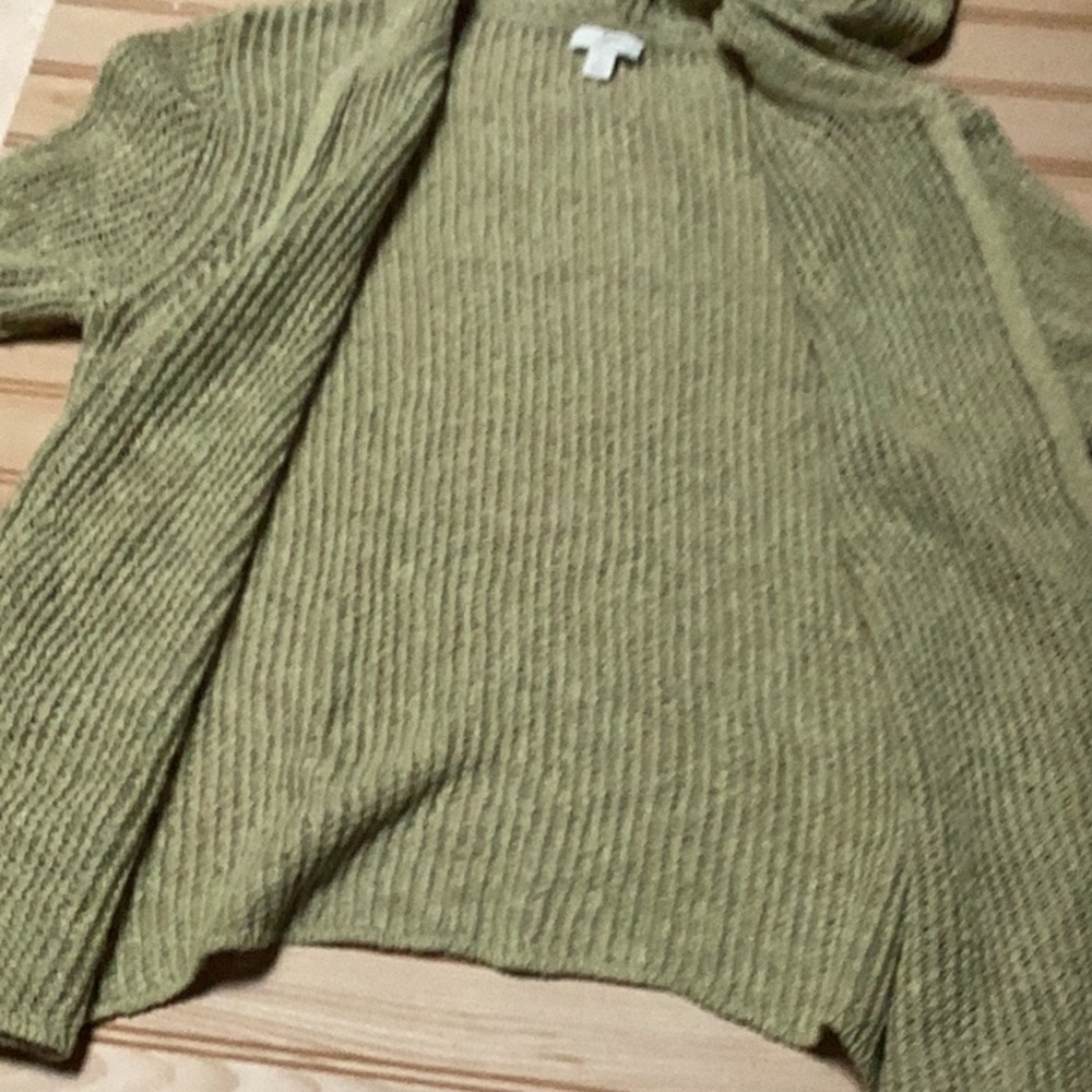 JJill Green Linen Cotton Blend Open Weave Chartreuse Pea Green‎ Hooded Sweater - Picture 6 of 9